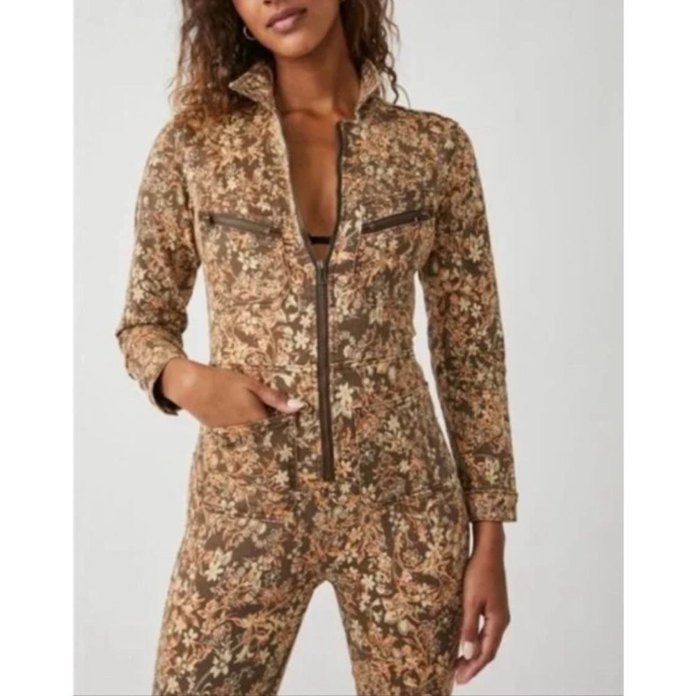 Free People Lennox Printed Jumpsuit Brown Floral Zip-Up Boho 70s-Vibe Retro